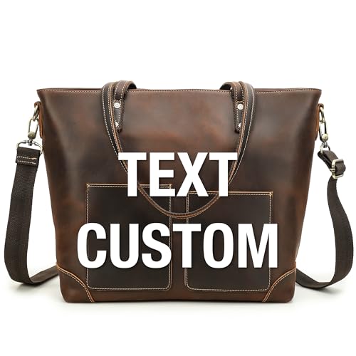 Image of Top Grain Leather Text Customizable 14.2 inch Laptop Tote Bag Briefcase, Retro Design & Adjustable Strap, Fits to 14.2 inch MacBook Pro /Air, Shoulder Bag Handbag for Office /Travel, Coffee 14.2 Inch