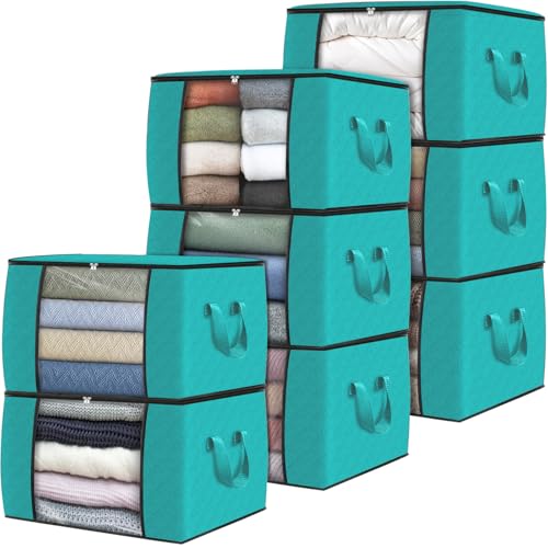 Image of Fab totes Storage Bags,Clothes Blanket Storage Bins Foldable Closet Organizers with Reinforced Handle for Home Dorm Storage and Organization,Fabric Bags for Organizing Sheets,Clothing (Green,8 Pack)