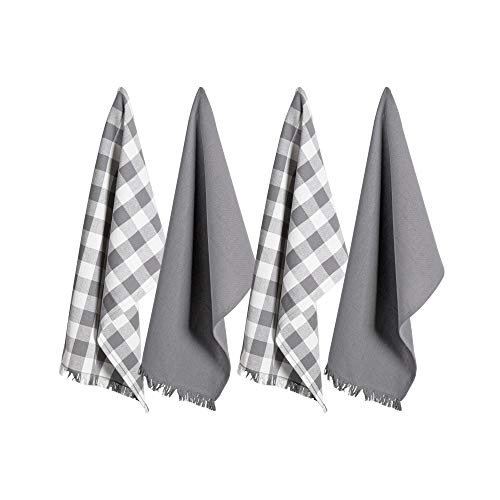 DII Cotton Checker Fringed Dish Towels, 18 x 28" Set of 4, Absorbent Heavyweight Woven Kitchen Towels for Drying and Cleaning Dishes-Gray
