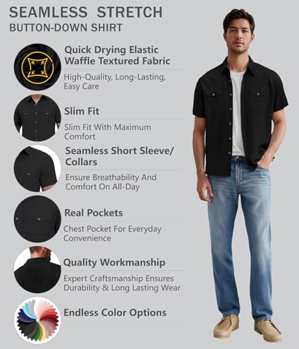 ETHANOL Men’s Bonded Collar Seamless Button-Down Shirt – Tech Stretch, Waffle Texture Short Sleeve Shirt2