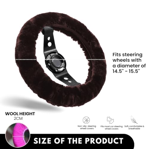Andalus Brands Luxury Fluffy Car Steering Wheel Covers – Genuine Merino Sheepskin, Soft Fuzzy Car Steering Wheel Cover for Women, Universal 14.5-15" Size, Plush Fur Cute Auto Accessories, Mocha
