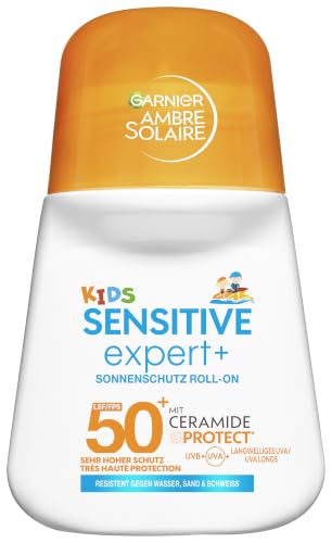 Garnier Ambre Solaire Kids Sensitive expert+ Sonnenschutz Roll-On LSF 50+ Sonnencreme für Kinder & Babys Wasserfest sandresistent & mit Ceramide-Protect Handliches Taschenformat 50ml