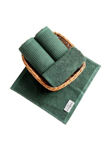 Image of DAMENSCH Unisex Premium Bamboo Blend, Ultra-Soft, Absorbent, Dual Waffle and Terry Texture Waffle Face Towel - Forest Green - Pack of 4