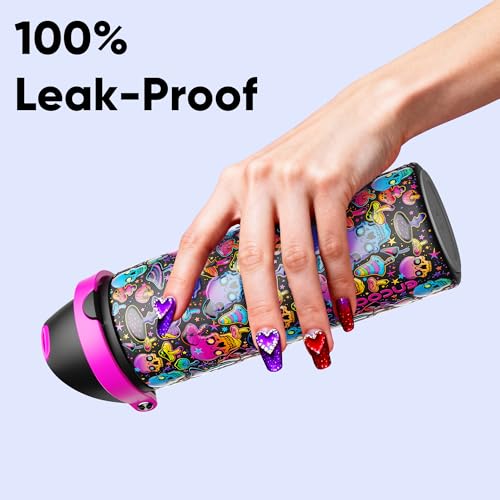Image of Insulated Water Bottle with Straw - Encool Stainless Steel Water Bottle with Push Button Lid, Leak-Proof & BPA-Free, Keeps Cold for 24 Hours for Sports, Travel, Gym (24 oz, Trippy Skulls)