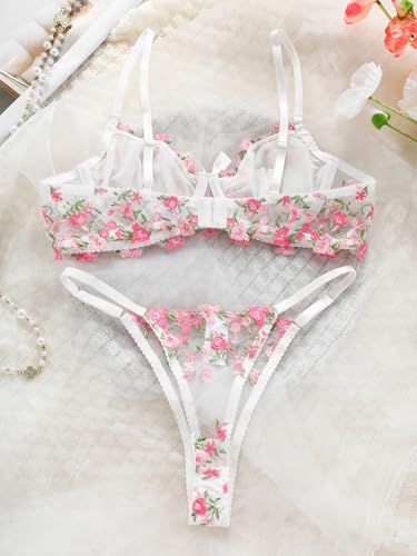 Image of Sexy Floral Embroidered Flower Mesh Underwire Push Up Lingerie Set