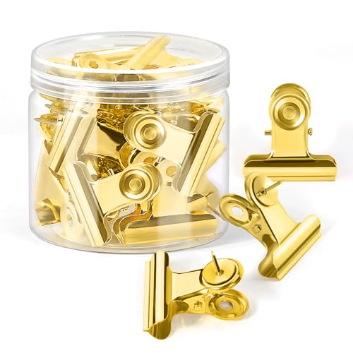 GOOLADA 24Pcs Gold Push Pins Clips, Bulldog Clips Thumb Tacks, Metal Pushpin for Bulletin Board, Cork Board, Cubicle Wall, Home,Office and Classroom
