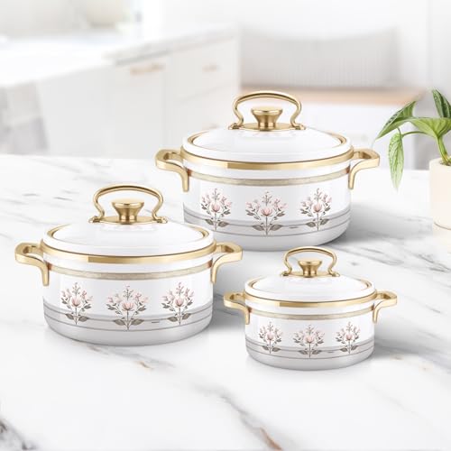 Image of Nayasa Rachel Casserole- Big Set of 3, 1000, 1500, 2000 ML | BPA Free | Food Grade | Easy to Carry | Easy to Store | Hot Pot for Kitchen | Roti Box | White