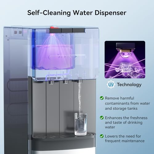 Image of EUHOMY Self Cleaning Bottom Loading Water Cooler Dispenser, 3 Temperatures (Cold, Warm, Hot), Child Safety Lock, LED Indicator Light, Water Dispenser for Home, Apartment, Office, Black