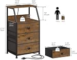GiftGo Nightstand with Charging Station Led Light and 3 Fabric Drawers Bedside Sofa Side End Table for Bedroom Living Room (Rustic Brown, 3 Drawers)