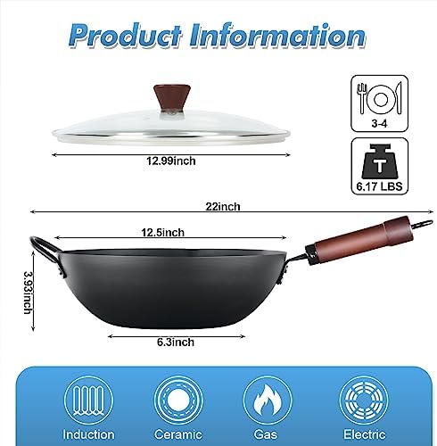 BIELMEIER Carbon Steel Wok, 12.5 Inch Stir Fry Pan with Lid, Natural Non-Stick Flat Bottom Wok for All Cooktops, Pre-Seasoned for Asian Cuisine, Sauté, Searing - Thumbnail 4