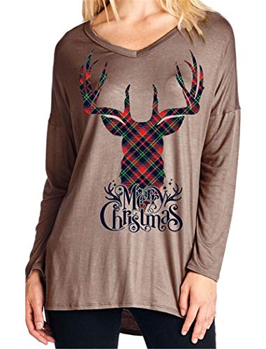Halife Women Christmas Loose Long Sleeve Front Deer Tops Blouses Plus Size Coffee XXL 2X