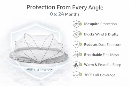 Image of DecorTwist Baby Mosquito Net for Bed - Foldable Pop-Up Dome Net for Newborns & Infants (0-24 Months) | Breathable Mesh, Insect & Fly Protection | 135x65x65 cm | Travel & Outdoor Safe (Gray)