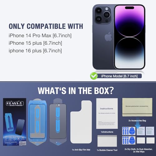 Image of 2-Pack Matte Screen Protector for iPhone 16 Plus and iPhone 15 Plus and iPhone 14 Pro Max 6.7-Inch 9H Tempered Glass, Full Coverage, Anti-Fingerprint, Auto Dust-Elimination, No Bubble, Easy Installation