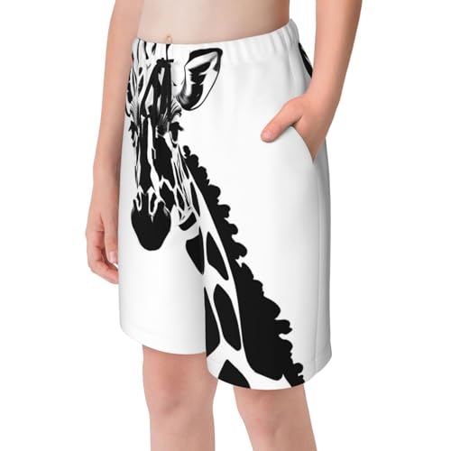 Black and White Giraffe Small Youth Beach Pants, Soft and Breathable, with Drawstring Waist, Suitable for Sports and Leisure.4