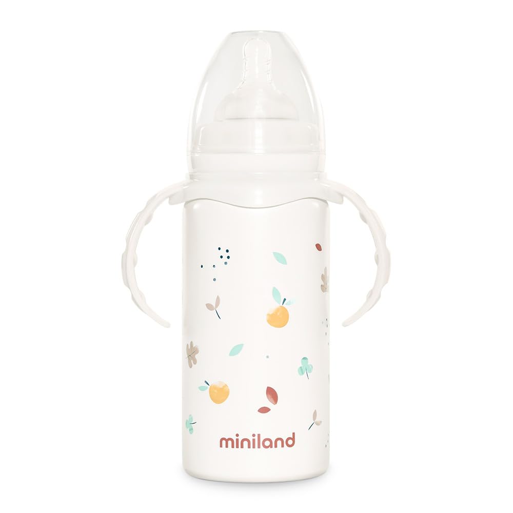 Miniland Thermobaby Valencia 240ml. Thermos da 240 ml in acciaio inox con tettarella, doppio strato di acciaio, che mantiene la temperatura della bevanda fredda e calda per ore.