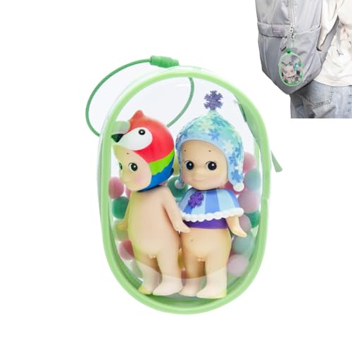 Clear Figures Display Bag, Portable Figures Storage Bag with Keychain, Mini Doll Hanging Blind Box, Single Zipper Closure Dustproof Collectibles Case for Mini Figures, Dolls (Green, Elliptic)