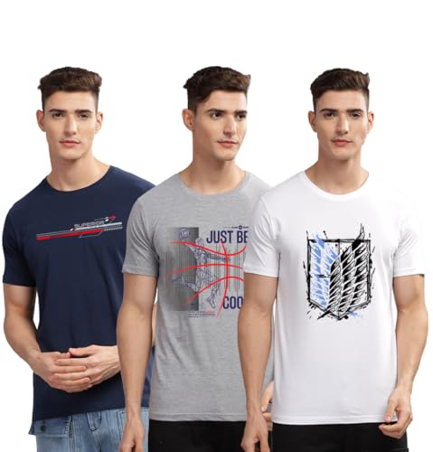 Image of ADRO 100% Cotton Lycra Tshirts for Men Combo Pack of 3 | Regular Fit | Printed T Shirt | Round Neck Half Sleeve| Mens Tshirts