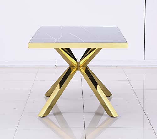 Auz Modern Dining Room Table With Gold Stainless Steel Metal X-Base In Black Gold (Dining Table Only) #TOP4
