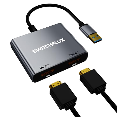 SWITCHFLUX USB to HDMI Adapter [Gold-Plated & Aluminum Shell] USB 3.0 to Dual HDMI for Dual Monitors USB A to HDMI Splitter Support Windows macOS - Driver Installation Required