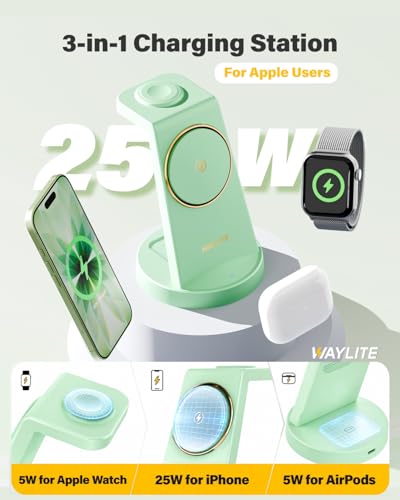 Image of 3 in 1 Fast Charging Station for iPhone, 25W Wireless Magnetic Phone Charger for iPhone 17 16e 16 15 14 13 12 Serise, Watch Charger Stand, Wireless Charging Station for AirPods 4 3 Pro, Green