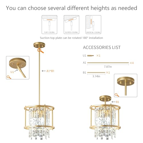 Image of LMQNINE Modern Foyer Chandelier, Gold Crystal Chandelier Entryway Pendant Light Fixture, Round Adjustable Height Chandeliers for Kitchen Island, L11.81'' x H7.87''