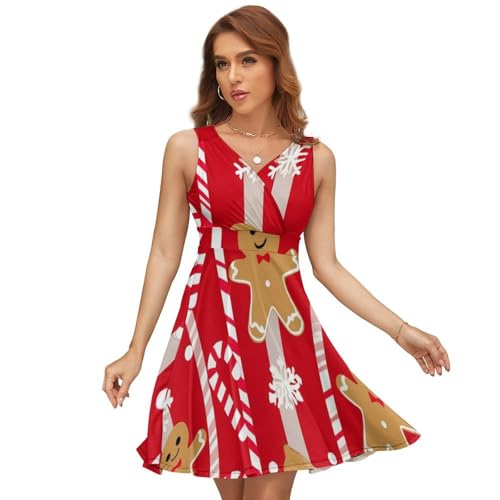 Womens Fashion Dress Short Beach Sundress Christmas Red Gingerbread Cookies Candy Canes Vacation Outfits Sleeveless Dress