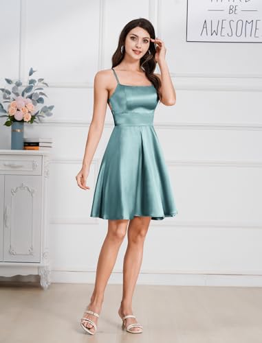 ODIZLI Women's Satin Square Neck Spaghetti Straps Tie Back Ruffle Mini Dress Party Dress2