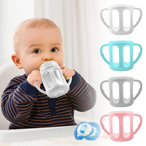 Image of 4 Pack Silicone Sleeves with Handles for Philips Avent Glass Natural Bottle and Philips Avent Anti-Colic Bottle 4 oz, Anti Breakage Baby Bottle Holder, Compatible with Avent Glass Baby Bottle