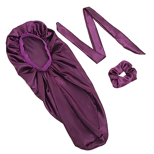 Grand bonnet de nuit en satin violet premium pour le soin des cheveux longs