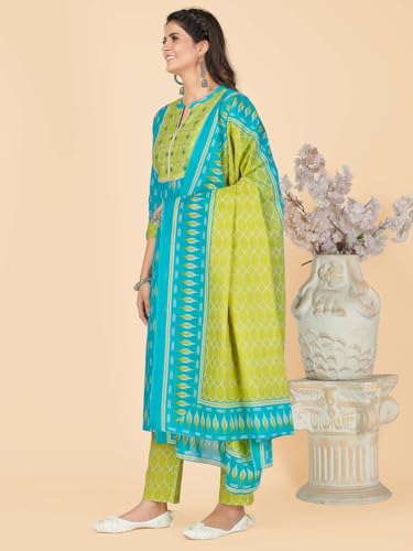 Image of Vbuyz Women's Printed & Embellished & Mirror Work Straight Cotton Stitched Kurta set | Straight Kurta Pant Dupatta | Kurta Set with Dupatta for Women | Suit Set | Ethnic Set | Printed Kurta Set