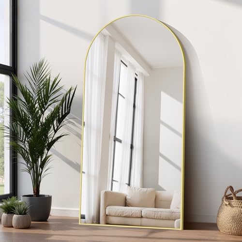 COFENY Espejo de Pie Cuerpo Entero Curvado 192 x 85 cm, Espejos Grandes de Pared con Marco de Aluminio, Espejo de Pie Inclinado o Colgante para Salón, Dormitorio, Entrada, Dorado