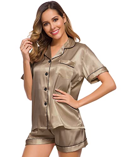 Image of SWOMOG Womens Silk Satin Pajamas Set Short Sleeve Sleepwear Button Down Top and Shorts Loungewear 2 Piece Pjs Set XS-3XL Deep Khaki X-Large