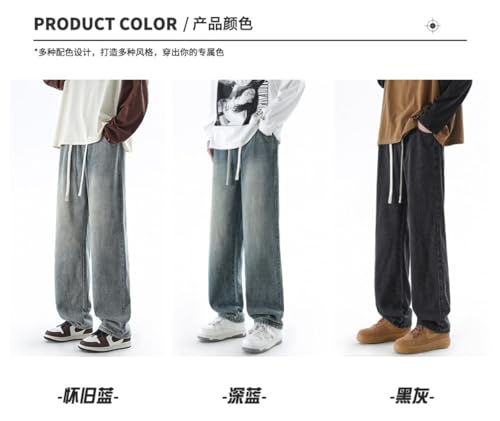 Pants Trousers Denim Spring Loose Straight Tube Tight Drawstring Men's High Street Deep Blue2