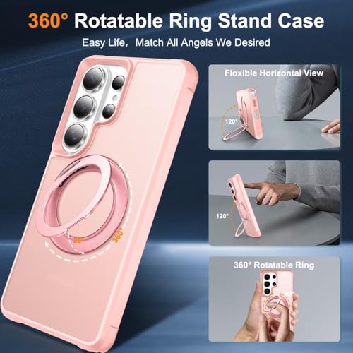 Coque Samsung S26 Ultra rose avec anneau rotatif et support en silicone rigide