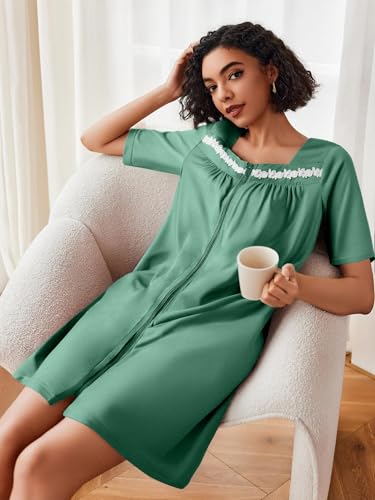 Image of Ekouaer Women Zipper Robe Short Sleeves House Coat Zipper Front Bathrobe Sleepwear with Pockets Housecoat Nightgown