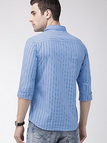 Image of Indian Garage Men's Slim Fit Casual Striped Cotton Shirt Features Cutaway Collar, Full Sleeves, one Patch Pocket, Regular Length, Curved Hem and Button Closure.