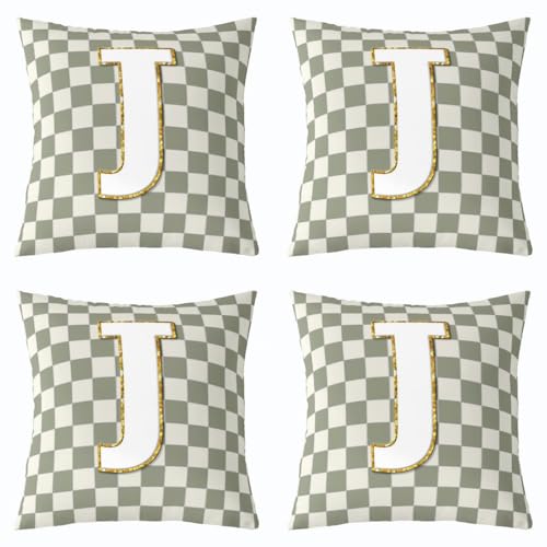 Image of Erosebridal Sage Green Checkered Throw Pillow Covers 18x18 Set of 2 Plaid Initial J Pillow Covers Personalized Monogram Cushion Cover Fashion Grids Gingham Pillow Cases for Couch Sofa