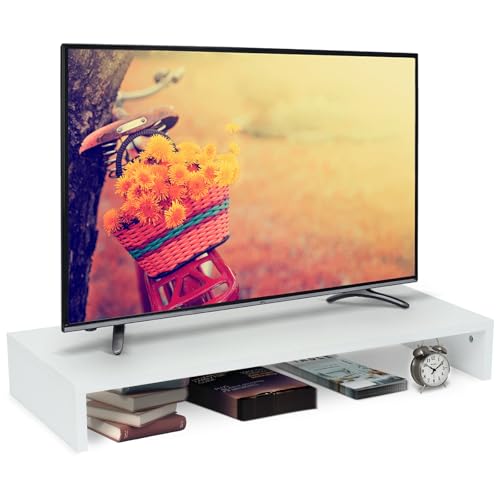 TV-Aufsatz mit Erhöhung,PC Regal Aufsatz Bildschirmerhöhung Hochglanz, Ideal für TV-Erhöhung und Schreibtischorganisation, Weiß 85x35x12cm