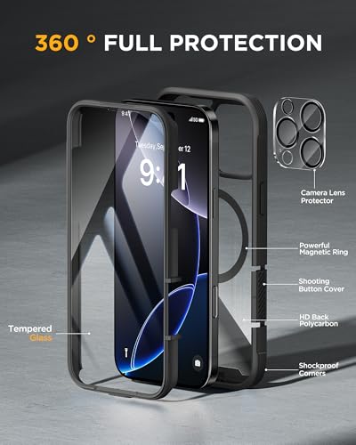 Image of Miracase Magnetic for iPhone 16 Pro Max Case 6.9'' [Compatible with MagSafe] Full-Body Phone case with Built-in Glass Screen Protector& Camera Protector,Drop Proof 16 Pro Max Cover,Black