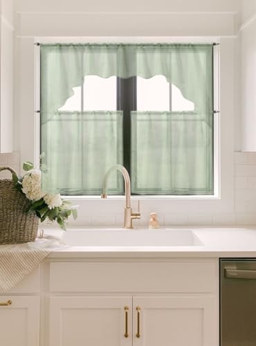 Kitchen Restaurant 3pc Set Voile Sheer Rod Pocket Curtain Tier Set and Swag K66 (Sage Green)