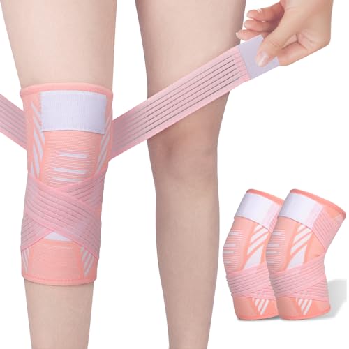 yeloumiss Knee Support Brace 2 Pack Compression Knee Sleeve with Straps for Women Men for Sports, Arthritis, Joint Pain, Ligament Injury, Meniscus Tear, ACL, MCL, Tendonitis (Pink, L)