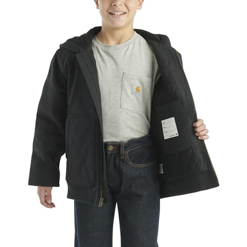 Image of Carhartt Boys' Flannel-Lined Hooded Canvas Insulated Zip-Up Jacket