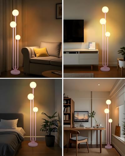 Image of Lightdot 63IN Pink Floor Lamp Mid Century Modern Floor Lamp with 3 Globe 3000K Bulbs Included, 3 Lights U-Style Standing Lamp for Wedding Party /Living Room /Bedroom /Sofa Beside /Corner Decor
