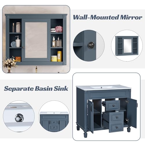 Virubi 36\'\' Bathroom Vanity with Matching Medicine Cabinet and Ceramic Sink, Traditional Freestanding Bathroom Storage Cabinet with 2 Doors and 2 Drawers, Wall Mounted Medicine Cabinet with Mirror