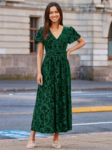 Image of Simplee Women's Velvet Maxi Dress V Neck Short Sleeve Empire Waist Semi Formal Long Cocktail Dresses