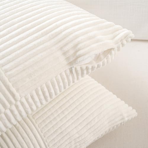 Image of Fancy Homi Set of 2 Cream White Boho Long Lumbar Body Decorative Throw Pillow Cover 14x36 Inch for Bed Couch Bedroom Bench, Soft Patchwork Corduroy Textured Pillow Case, Rustic Farmhouse Room Decor