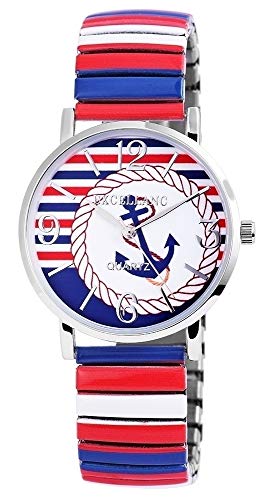 Excellanc 1700006 Women's Maritime Metal Watch Analogue Quartz, Blue/Red/Anchor, Strap.