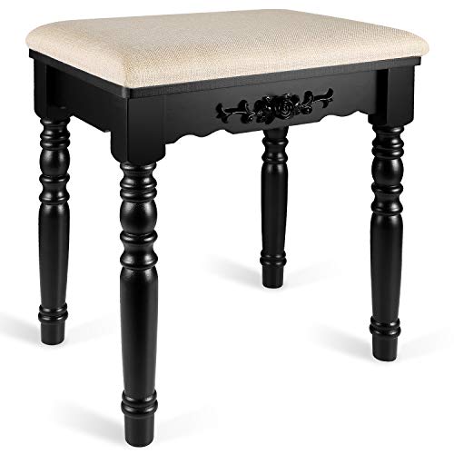 URFORESTIC Oak Wood Vanity Stool, Modern Makeup Dressing Stool with Concave Seat Surface,Capacity 300lb, Easy Assembly (Black)
