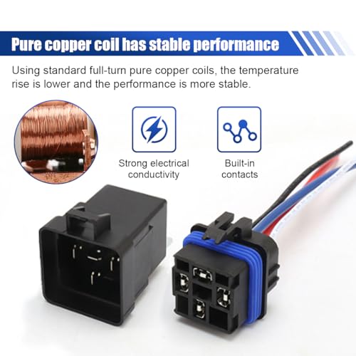 4 Pin 40/30 AMP 12V DC Car Relay Kit, Waterproof Tinned Copper Wires, Heavy Duty 12 AWG SPDT Car Relay with Harness Socket, Automotive Relay for Car Fan Boat Truck Motorcycle (1PCS)