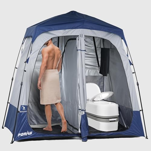 Portable Camping Shower Tent Deluxe Changing Room Easy Set Up Privacy Shelter,Large Toilet Tent 2 Rooms with Floor Drain Design for Beach, Camping,Hiking with Stakes and Ropes for Stability
